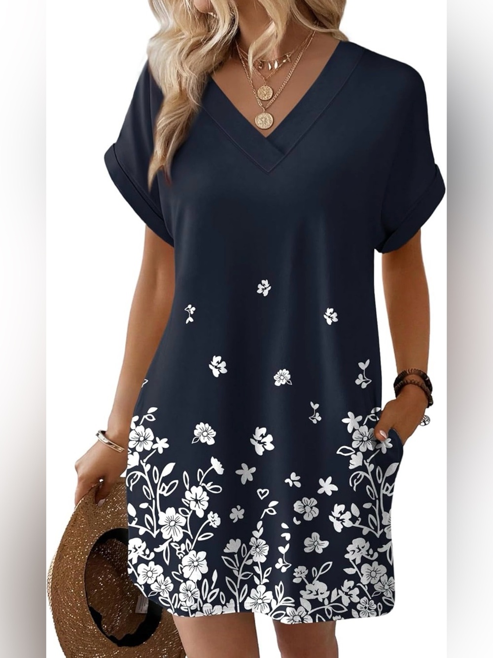 NWT Women’s Navy & White Short Sleeve Floral V-Neck T Shirt Dress